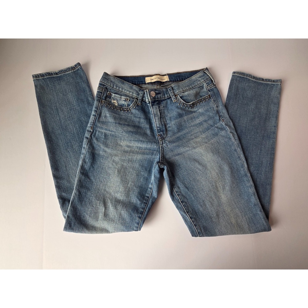 Gap Jeans Womens 28L Blue Real Straight 1969 Classic Medium Denim Pants Studded - Picture 3 of 7